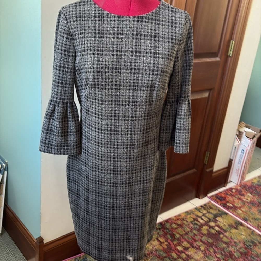 Ralph Lauren  Dress  Midi  Crew neck 3/4 sleeves  black/gray plaid  stretch NWOT